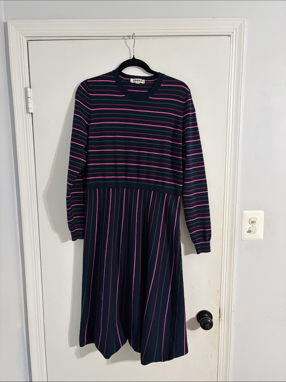 Boden Navy Long-Sleeve Striped Midi Dress with Pink & Green Accents